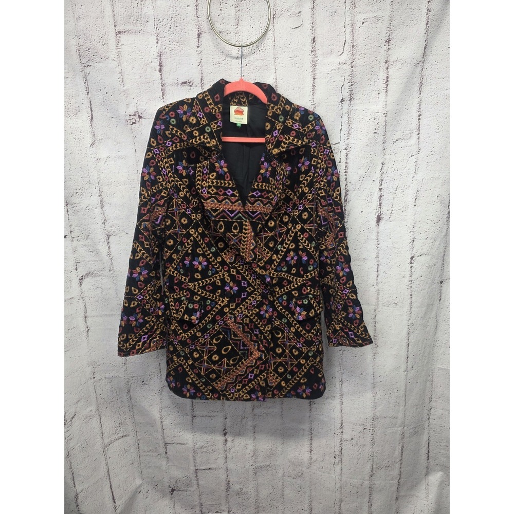 Farm Rio S Double Breasted Embroidered Cotton Corduroy Blazer Colorful Boho Long - Picture 2 of 11